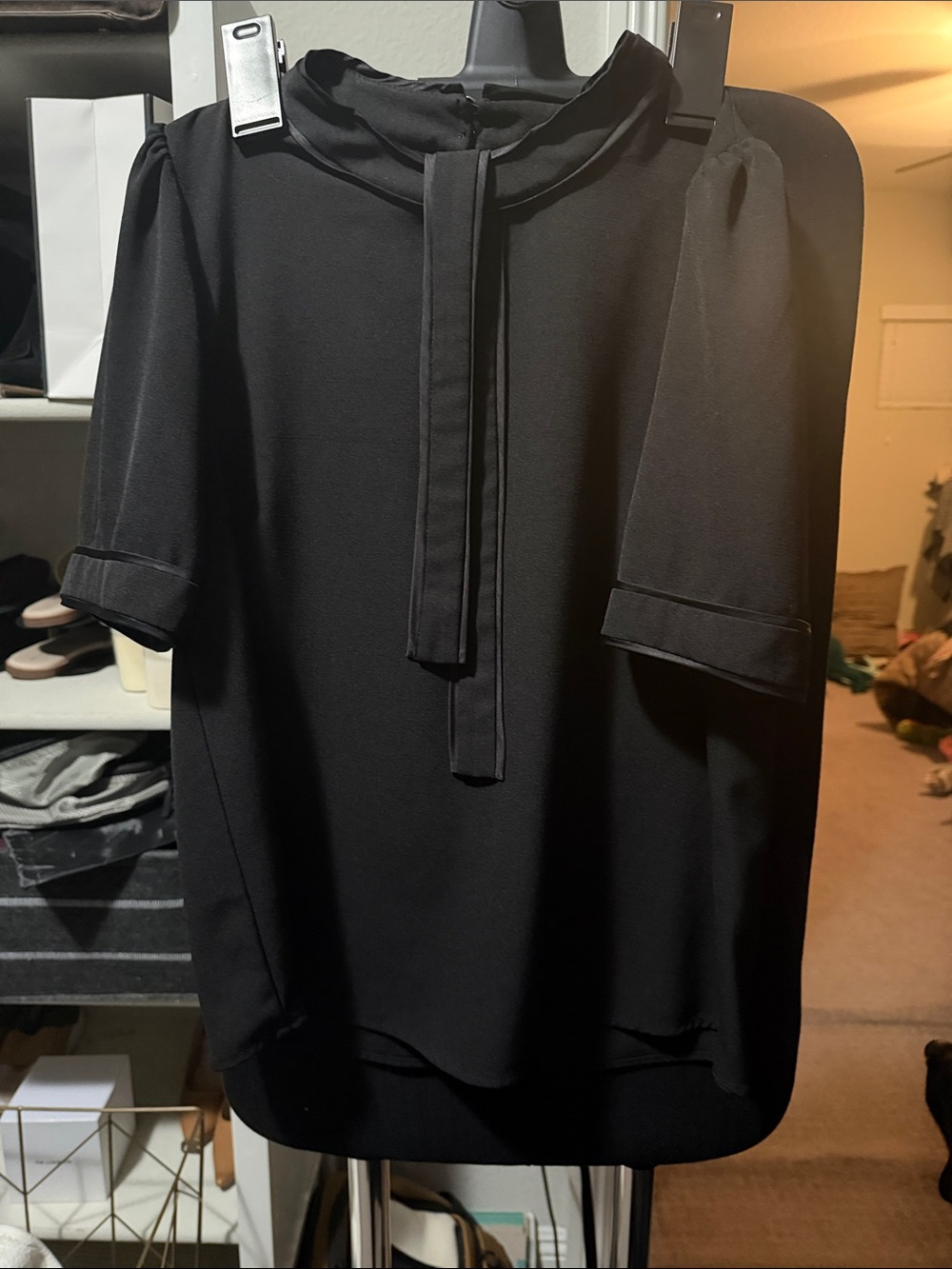 CeCe Black Tie-Neck Short Sleeve Blouse